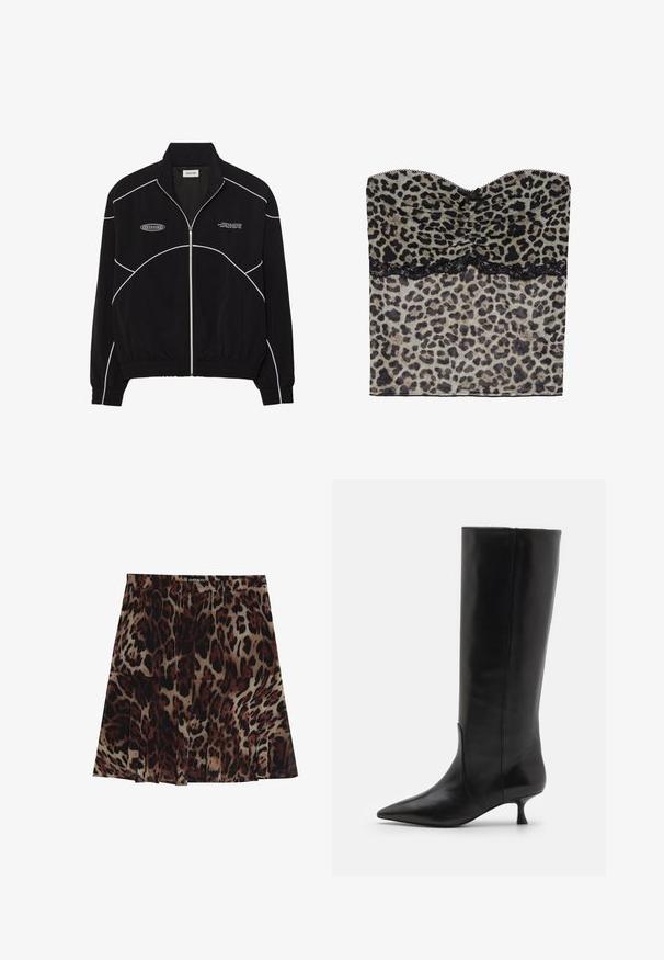 Schwarze Zip-Jacke mit weißen Kontrastnähten, hoher Kragen, elastischen Bündchen und strukturiertem Innenfutter. Verfügt über ein Logo auf der Brust.; Leopardenmuster trägerloses Oberteil mit gerafftem Design und schwarzem Spitzenbesatz am Saum, aus leichtem Material gefertigt.; Leopardenmuster Midi-Rock mit plissiertem Design, in einer sandfarbenen Grundfarbe mit dunkelbraunen und schwarzen Flecken. Elastischer Taillenbund für eine optimale Passform.; Stuart Weitzman BOOT - Stiefel - black