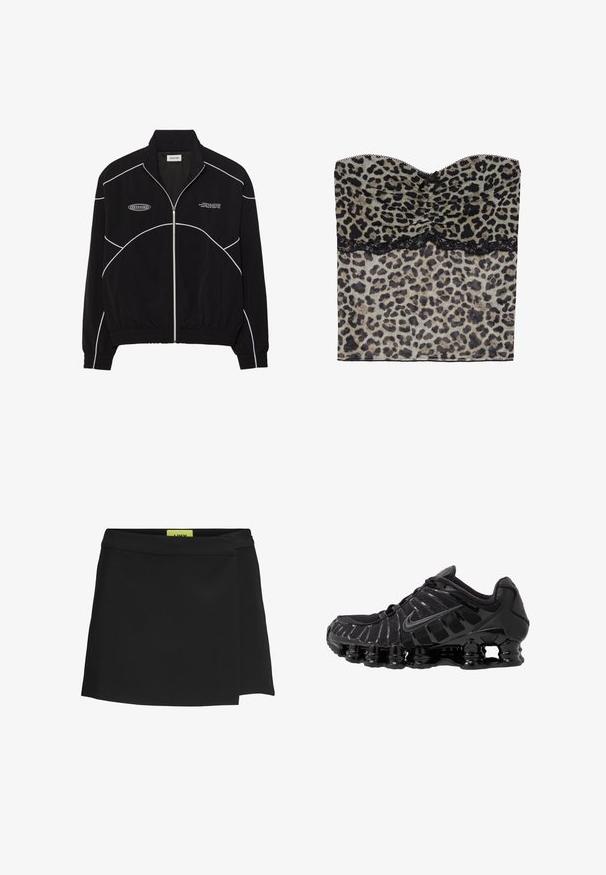 Juodas zip-up džemperis su baltu kontrastiniu siuvinėjimu, aukštu apykakle, elastinėmis rankovėmis ir tekstūruotu vidumi. Kelyje yra logotipas ant krūtinės.; Leopardų rašto be petnešėlių viršus su susiraukšlėjusia tekstūra, juodas nėrinių apdailos kraštas apačioje, pagamintas iš lengvos medžiagos.; Juodas įvyniojamas sijonas, pagamintas iš sklandžios medžiagos, su aukštu liemeniu ir šonine iškirpte. Etiketė matoma kontrastinga ryškiai geltona spalva.; Juodas sportinis batai su tinklinėmis viršutinėmis dalimis ir blizgiomis detalėmis. Yra kreivai suformuota spyruoklinė amortizacija ir tekstūruoti brūkšniai šone. Matomas Nike logotipas.