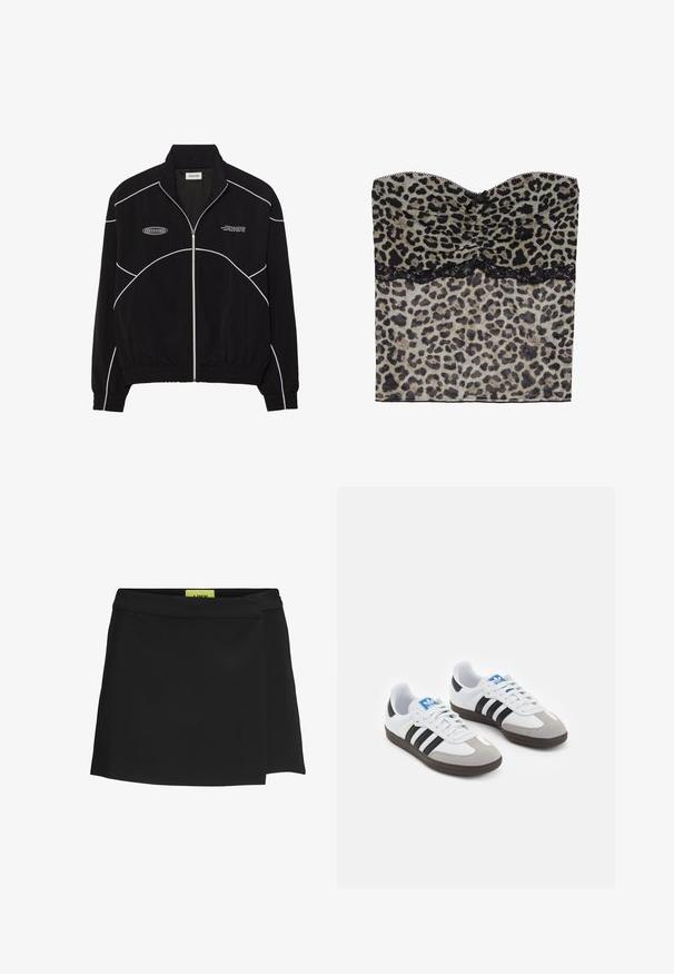 Črna jakna z zadrgo in belimi kontrastnimi šivi, visokim ovratnikom, elastičnimi manšetami in teksturirano notranjostjo. Na prsih je logotip.; Top brez naramnic z leopardskim vzorcem in naborki, črn čipkast rob ob dnu, izdelan iz lahkotnega materiala.; Črna zavita krila iz gladkega materiala, z visokim pasom in stranskim razporkom. Oznaka je vidna v kontrastni svetlo rumeni barvi.; Športni čevlji z belim usnjenim zgornjim delom, sivim semišem na prstih in tremi črnimi črtami. Imajo modro logo na jeziku in teksturiran gumijast podplat.