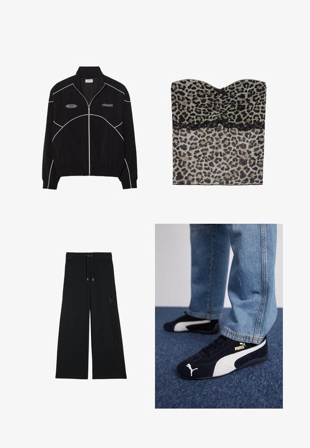 Zwarte zip-up jas met witte contrasterende stiksels, een hoge kraag, elastische manchetten en een gestructureerde binnenkant. Bevat een logo op de borst.; Lepelprint strapless top met gerimpelde textuur, zwarte kantafwerking langs de onderkant, gemaakt van lichtgewicht stof.; Zwarte wijde sweatpants met een elastische tailleband, trekkoord en een 'Juicy Couture' logo in glanzende details op het linkerpootje. Zachte stoffen textuur.; Zwarte suède sneakers met witte accenten, voorzien van een gouden logo. Gemaakt met lichtblauwe spijkerbroek en geplaatst op een textuur blauwe ondergrond.
