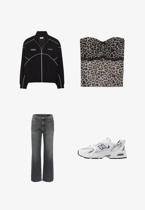 Črna jakna z zadrgo in belimi kontrastnimi šivi, visokim ovratnikom, elastičnimi manšetami in teksturirano notranjostjo. Na prsih je logotip.; Top brez naramnic z leopardskim vzorcem in naborki, črn čipkast rob ob dnu, izdelan iz lahkotnega materiala.; Široke jeans hlače iz temno sive denima, z klasičnim petimi žepi, šivanim detajlom in gumbom za zapiranje na pasu.; Bele športne copate z mrežasto zgornjimi deli, mornarskimi naglasnimi barvami in oblazinjeno podplatom. Vključujejo logotip "N", vezalke in teksturirane detajle na strani.