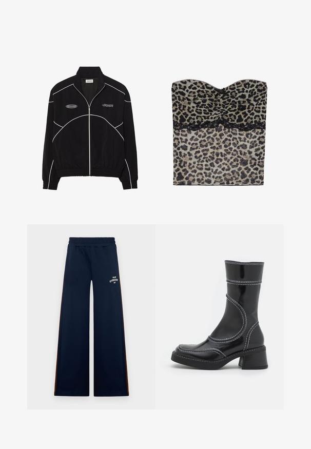 Melna jaku ar rāvējslēdzēju un baltām kontrastējošām šuvēm, augstu apkakli, elastīgām piedurknēm un teksturētu iekšpusi. Uz krūšu ir logo.; Lauku leopardu raksta bez piedurknēm augšdaļa ar rupju faktūru, melna mežģīņu apdare apakšā, izgatavota no viegla auduma.; Jūras spēku plašas sporta bikses ar elastīgu jostu, ar brūnām sānu akcentiem un baltu tekstu "Milano Gymnasium".; Melna lakota ādas anklets ar baltiem šuvumiem, noapaļota purngala un kvadrāta papēža. Iezīmes izliekti dizaina līnijas un gluda struktūra.