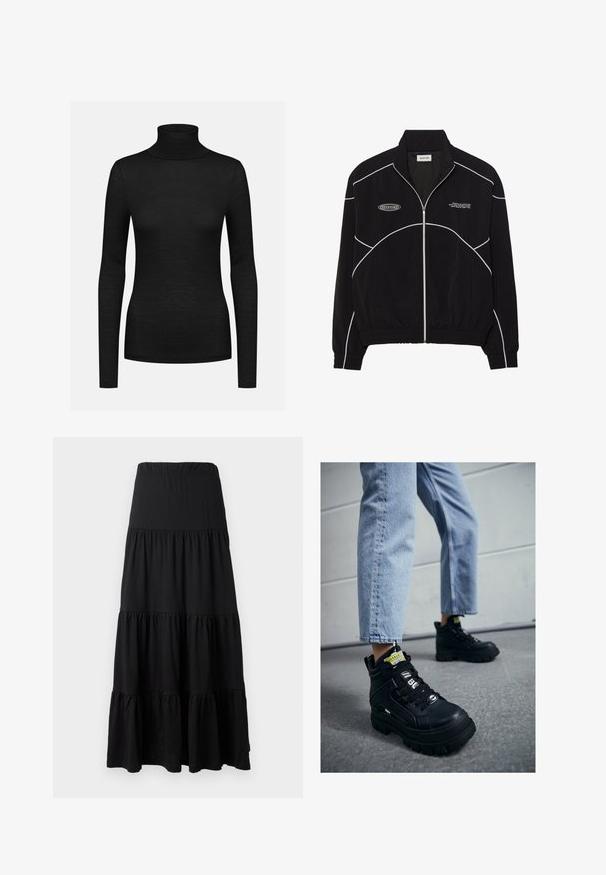 Černá zipová bunda s bílým kontrastním stehem, vysokým límcem, elastickými manžetami a texturovaným interiérem. Na hrudi je umístěno logo.; Černý rolák s dlouhými rukávy, žebrovanou strukturou, přiléhavým střihem a vysokým límcem. Vyrobeno z měkké, pružné tkaniny.; Černá maxi sukně vyrobená z měkké tkaniny, s vrstveným designem, elastickým pasem a volánkovými detaily na lemu.; Černé vysoké tenisky se silnou podrážkou, s tkaničkovým designem, logovými akcenty a žlutými štítky. Kombinované se světle modrými zkrácenými džíny.