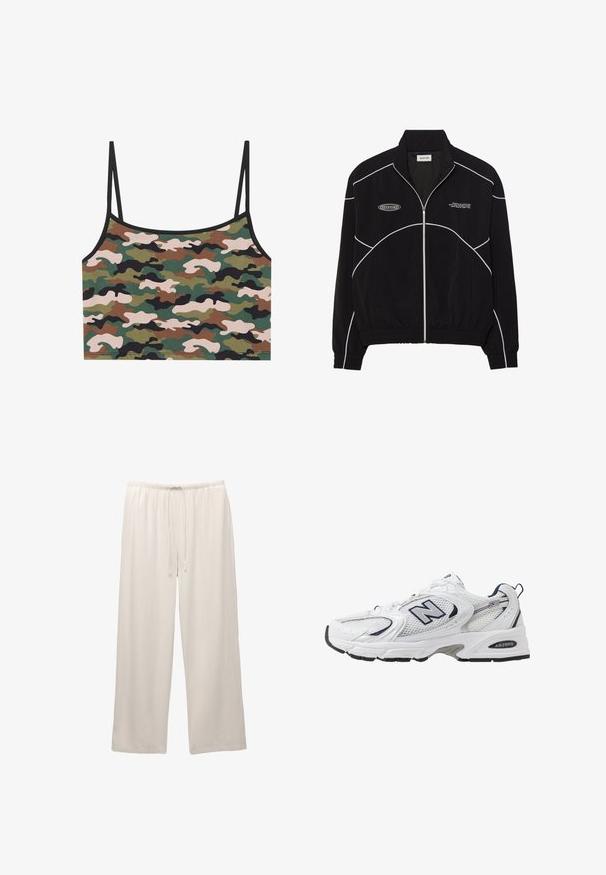 Mustapyyhehousut, joissa on valkoiset kontrastiväriset ompeleet, korkea kaulus, elastiset hihansuut ja teksturoitu sisus. Rinnassa on logo.; Kameleonttimalli crop toppi, jossa on vihreät, ruskeat ja vaaleanpunaiset kuviot. Valmistettu pehmeästä kankaasta, jossa on ohuet säädettävät hihnat ja musta reunus.; Vaaleanväriset, leveälahkeiset housut, jotka on valmistettu pehmeästä kankaasta. Housuissa on joustava vyötärö ja säädettävä nyöri mukavuutta varten.; Valkoinen urheilushoe, jossa on verkkomateriaali päällä, laivastonsiniset yksityiskohdat ja pehmeä pohja. Varustettu "N"-logolla, nauhoilla ja teksturoidulla yksityiskohdalla sivussa.