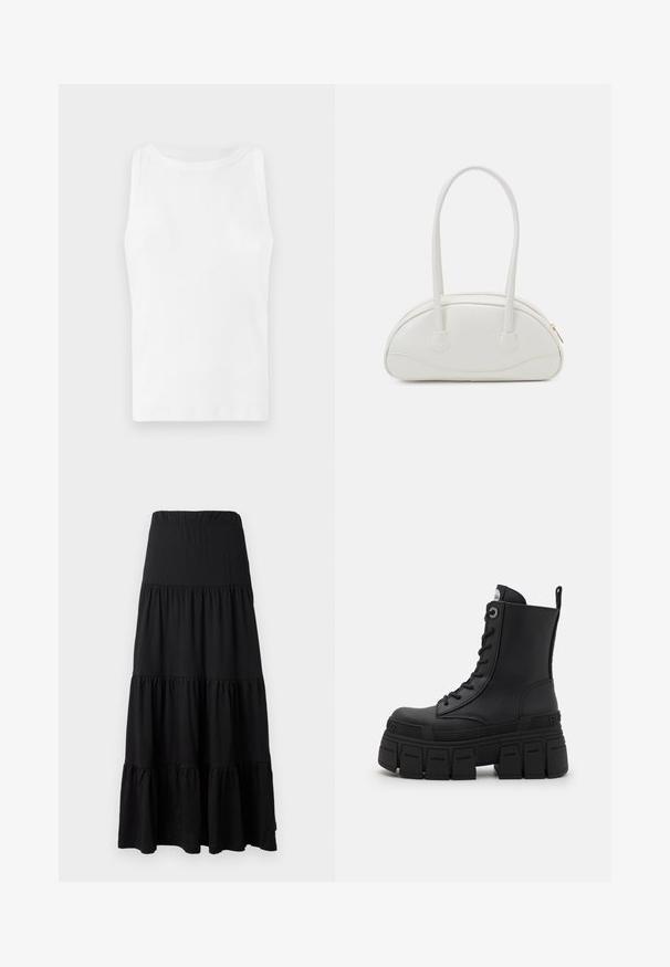 Chaqueta negra de cremallera con costuras en contraste blancas, un cuello alto, puños elasticados y un interior texturizado. Presenta un logo en el pecho.; Camiseta de tirantes blanca con escote redondo y diseño sin mangas. La tela parece suave y elástica, adecuada para uso casual.; Falda maxi negra hecha de una tela suave, que presenta un diseño en capas con una cintura elástica y acentos de volantes en el dobladillo.; Buffalo GOSPHER LACE UP MID - Botines con cordones - black; Even&Odd Bolso de mano - off-white