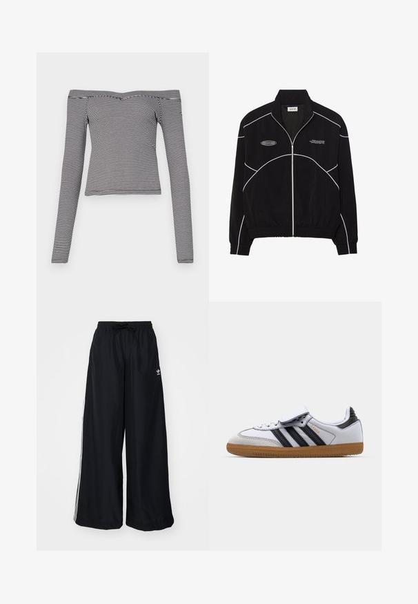 Crna jakna na patent s bijelim kontrastnim šavovima, visokim ovratnikom, elastičnim manžetama i teksturiranom unutrašnjošću. Sadrži logotip na prsima.; Crna i bijela prugasta bluza bez naramenica s dugim rukavima, izrađena od glatkog materijala, s uskim krojem i uskim izrezom.; Crne široke hlače od lagane tkanine. Imaju elastičnu struk i vezicu, a s donje strane su ukrašene bijelim trakama. Logo branda se nalazi na kukovima.; Bijele kožne tenisice s crnim prugama i sivim detaljima, s okruglim vrhom i gumiranim potplatom. S čičak trakom i vezanjem.