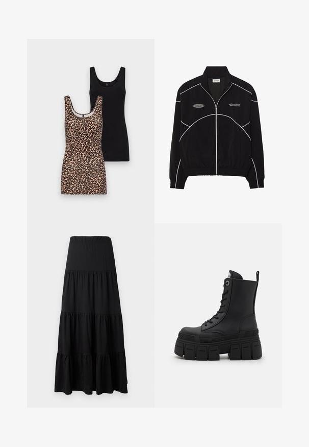Must must riiet, millel on valged kontrastõmblused, kõrge krae, elastsed mansetid ja tekstureeritud sisemus. Rinnal on logo.; Kaks tanki-särki: üks leopardimustriga ja ümmarguse kaelusega ning teine ühtlase musta värvusega, mõlemad valmistatud pehmest puuvillast kangast, sleeveless disainiga.; Mustmustel mustriba, mis on valmistatud pehmest kangast, omab kihtide disaini elastse vöökoha ja volangiliste aktsentidega hemars. ; Buffalo GOSPHER LACE UP MID - Nööritavad poolsaapad - black