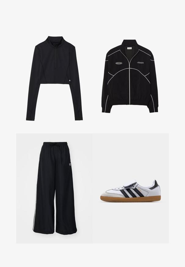 Černá zipová bunda s bílým kontrastním stehem, vysokým límcem, elastickými manžetami a texturovaným interiérem. Na hrudi je umístěno logo.; Černý krátký top s dlouhým rukávem, vysokým límcem a čtvrtinovým zipem, s plochými švy a logem u lemu.; Černé kalhoty s širokým střihem vyrobené z lehkého materiálu. Mají elastický pas se stahovací šňůrkou a bílé postranní pruhy. Na bocích se nachází logo značky.; Bílé kožené tenisky s černými pruhy a šedými detaily, s kulatou špičkou a gumovou podrážkou. Spona na suchý zip a šněrování.