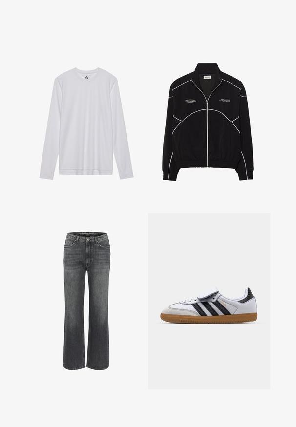 Melna jaku ar rāvējslēdzēju un baltām kontrastējošām šuvēm, augstu apkakli, elastīgām piedurknēm un teksturētu iekšpusi. Uz krūšu ir logo.; Garais piedurkņu baltais krekls, izgatavots no gludas auduma, ar apaļu izgriezumu un taisnu griezumu. Nav redzami nekādi raksti vai akcenti.; Plati gaiši pelēkas džinsi, kas izgatavoti no tumša denima, ar klasisku piecu kabatu dizainu, šuvju detalizāciju un pogu aizdari jostasvietā.; Baltā ādas kedu ar melnām svītrām un pelēkiem akcentiem, ar noapaļotu purngalu un gumijas zoli. Ar velcro siksnu un auklu aizdari.