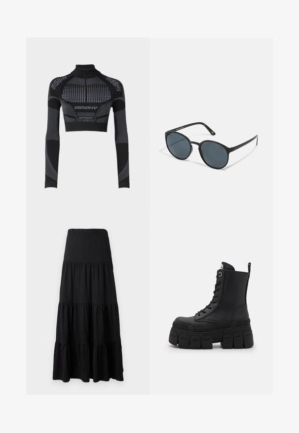 Svart hettejakke med hvit kontrastsøm, høyt krage, elastiske mansjetter og teksturert interiør. Har en logo på brystet.; Svart cropped treningsgenser med lange ermer, høy krage, halv glidelås, teksturerte paneler og kontrasterende grå linjer og detaljer.; Sorte maxiskjørt laget av mykt stoff, med et lagdelt design, elastisk midjebånd og volanger ved kanten.; Buffalo GOSPHER LACE UP MID - Snørestøvletter - black; Runde svarte solbriller med mørke linser, laget av plast. Tynne stenger med merking på siden, med en glatt tekstur og subtile detaljer.