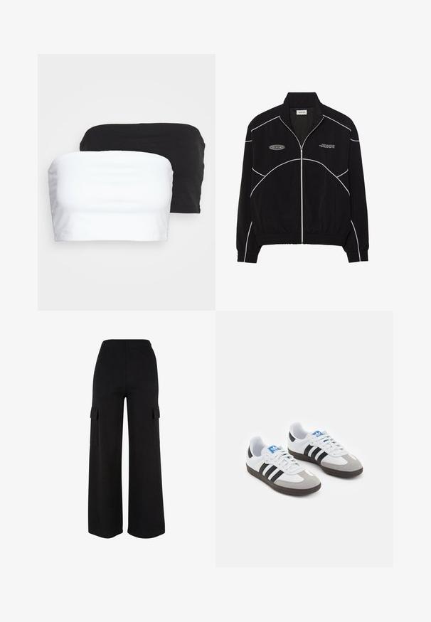 Svart zip-up jacka med vit kontrastsöm, hög krage, elastiska ärmslut och en strukturerad insida. Har en logotyp på bröstet.; Två strapless crop tops i svart och vitt, tillverkade av stretchy bomullstyg. Slät textur med en enkel design och inga synliga sömmar.; Svarta vida cargobyxor gjorda av mjukt tyg med elastisk midja och två sidfickor. Slät textur, inga synliga mönster.; Sportskor med överdel i vit läder, grå mocka på tårna och tre svarta ränder. Har en blå logotyp på tungan och en texturerad gummisula.