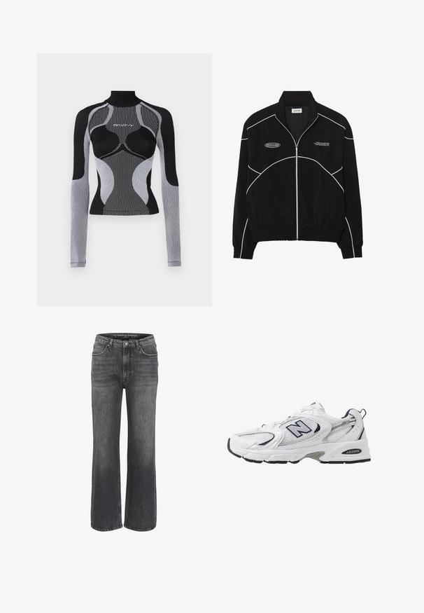 Fekete zipzáros dzseki fehér kontrasztvarrással, magas gallérral, elasztikus mandzsettákkal és strukturált belső résszel. Az elején logó található.; Hosszú ujjú sport felső, amely illeszkedő kialakítással rendelkezik, fekete és szürke panelekből áll, textúrált anyagból készült, és magas gallérral rendelkezik. Átszellőző mesh részletek találhatóak rajta.; Sötét szürke denim széles lábszárú farmernadrág, klasszikus öt zsebes dizájnnal, varrásos részletezéssel és gombos zárással a derékon.; Fehér sportcipő hálós felsőrészével, sötétkék kiegészítőkkel és párnázott talppal. Jellemzője az "N" logó, a fűzők és a textúrázott részlet az oldalon.