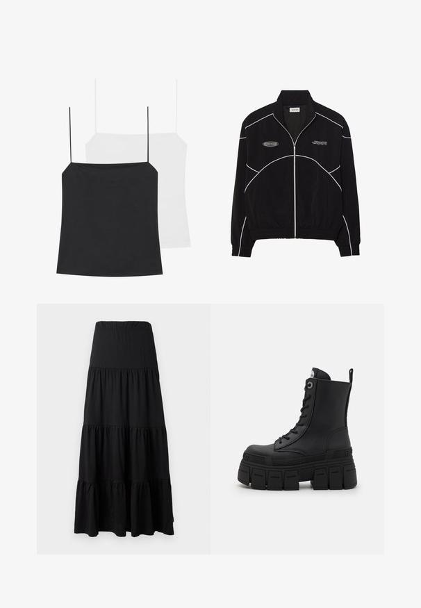 Schwarze Zip-Jacke mit weißen Kontrastnähten, hoher Kragen, elastischen Bündchen und strukturiertem Innenfutter. Verfügt über ein Logo auf der Brust.; Es sind zwei Spaghettiträgershirts zu sehen: eines in Schwarz und eines in Weiß. Beide haben dünne Träger und ein figurbetontes Design, gefertigt aus einem glatten, dehnbaren Stoff.; Schwarzer Maxirock aus weichem Stoff, mit einem gestuften Design, einem elastischen Taillenbund und Rüschelementen am Saum.; Buffalo GOSPHER LACE UP MID - Schnürstiefelette - black