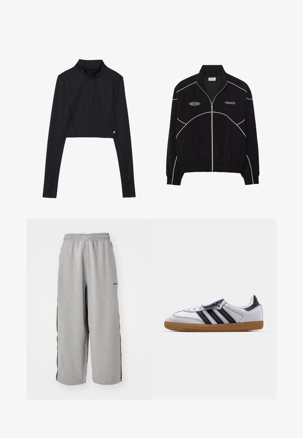 Schwarze Zip-Jacke mit weißen Kontrastnähten, hoher Kragen, elastischen Bündchen und strukturiertem Innenfutter. Verfügt über ein Logo auf der Brust.; Schwarzes, kurzes Langarmoberteil mit hohem Kragen, ausgestattet mit einem Viertelreißverschluss und gesteppten Details entlang der Ärmel und dem Saum.; Graue Jogginghosen aus weichem Stoff, mit elastischem Bund, kürzerer Länge und schwarzen Seitenstreifen zur Kontrastierung.; Weiße Ledersneaker mit schwarzen Streifen und grauen Akzenten, ausgestattet mit einer runden Zehenpartie und einer Laufsohle aus Gummi. Mit Klettverschluss und Schnürung.