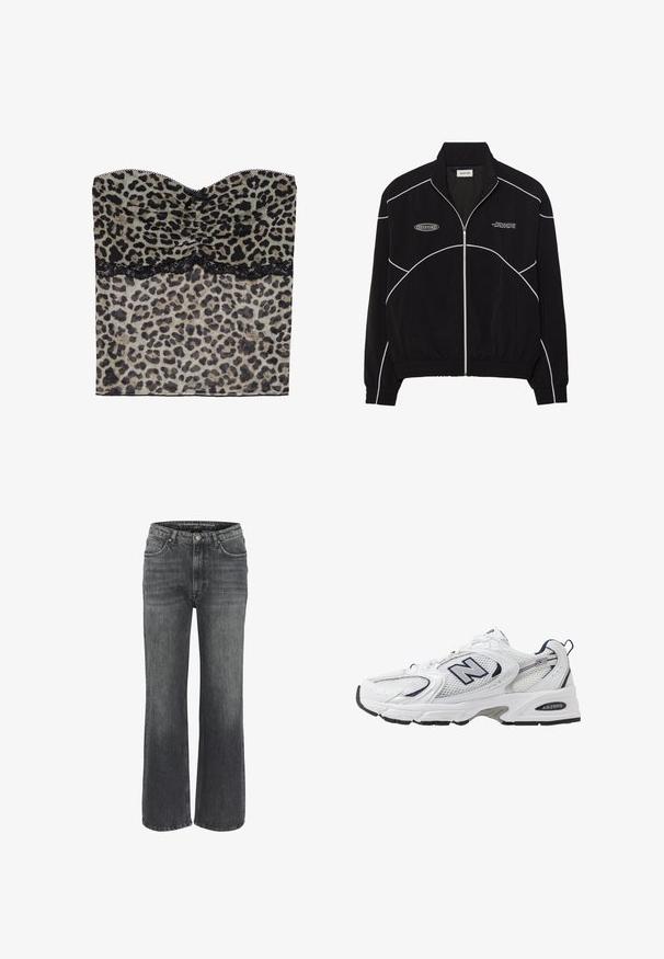 Jachetă neagră cu fermoar și cusături albe contrastante, guler înalt, manșete elasticizate și interior texturat. Prezintă un logo pe piept.; Top fără bretele cu imprimeu leopard, cu textură plisată, dantelă neagră la margine, realizat dintr-un material ușor.; Jeans largi din denim gri închis, cu un design clasic cu cinci buzunare, detalii cusute și o închidere cu buton la talie.; Shoe sportiv alb cu parte superioară din plasă, accente bleumarin și talpă amortizată. Are logo-ul "N", șireturi și detalii texturate pe lateral.