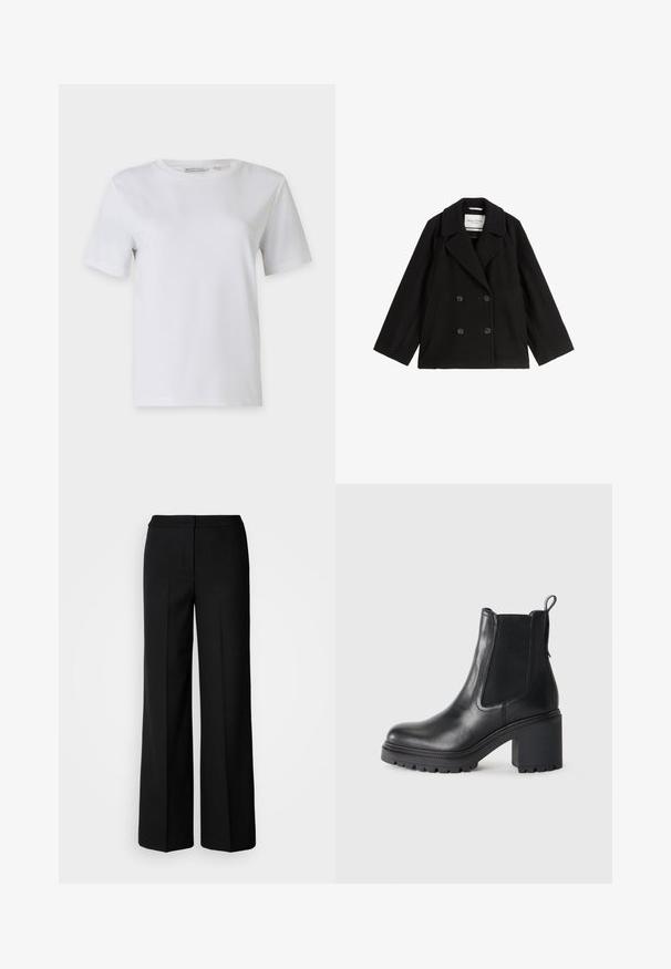 Cappotto panciotto nero a doppio petto con ampi revers e tasche laterali, disteso su uno sfondo bianco.; T-shirt bianco a maniche corte realizzato in cotone morbido. Presenta un collo rotondo e orlo dritto, senza fantasie né decorazioni.; Pantaloni neri a gamba larga in tessuto morbido, con vita alta, cuciture sartoriali e design minimalista. Nessuna ferramenta visibile o tasche.; Stivale alla caviglia in pelle nera con tacco spesso, pannelli laterali elasticizzati e un linguetta sul retro. Suola texture per una maggiore presa.