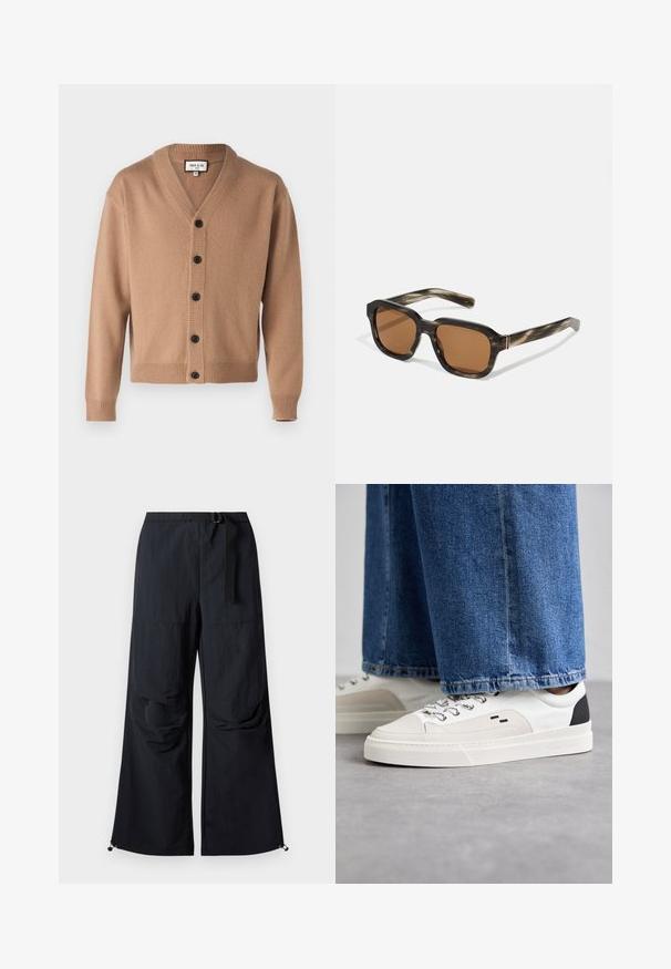 Černá bomber bunda s několika zipovými kapsami, ribbed manžety a límec. Hladká textura s detailovou kapsou ve tvaru srdce.; Paul & Joe UJIM - Kardigan - beige; Černé bavlněné tričko s krátkým rukávem, kulatým výstřihem a volným střihem. Hladký povrch a minimalistický design, bez vzorů nebo akcentů.; Černé široké kalhoty vyrobené z lehkého materiálu, s páskem v pase, předními kapsami a nastavitelnými lemy se šňůrkami.; Bílé a černé tenisky s hladkým koženým svrškem, texturovanými akcenty a robustní bílou podešví. Mají klasický design se šněrováním.; Plastové sluneční brýle s želvovinovým vzorem, osmiúhlé hnědé čočky a tenké zlaté kovové detaily na rámu.