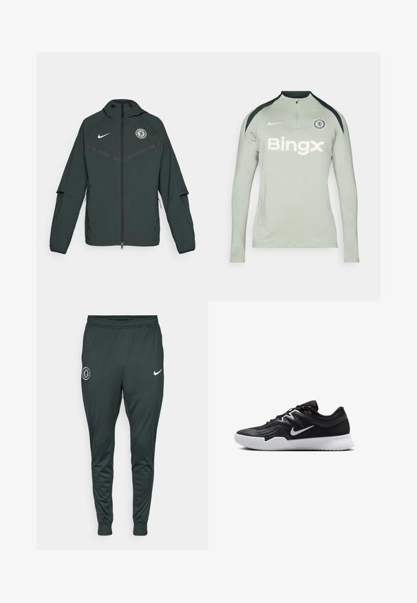 Zelená bunda Nike so zipsovým uzáverom, kapucňou a logom Chelsea FC. Má kontrastné čierne detaily a dlhé rukávy. Vyrobená z ľahkého materiálu.; Dlhý rukáv, svetlo šedé športové tričko s čiernymi ramennými akcentmi, zipsovým golierom, logom Nike a textom 'Bingx' na prednej strane. Na tričku je aj znak Chelsea FC.; Tmavomodré Nike tepláky s elastickým pásom a manžetami. Na ľavej nohavici sa nachádza logo Chelsea FC a biele logo Nike swoosh.; Čierna športová topánka s textúrovaným zvrškom, bielym logom Nike a bielou gumovou podrážkou. Má šnurovací dizajn a dynamický tvar.