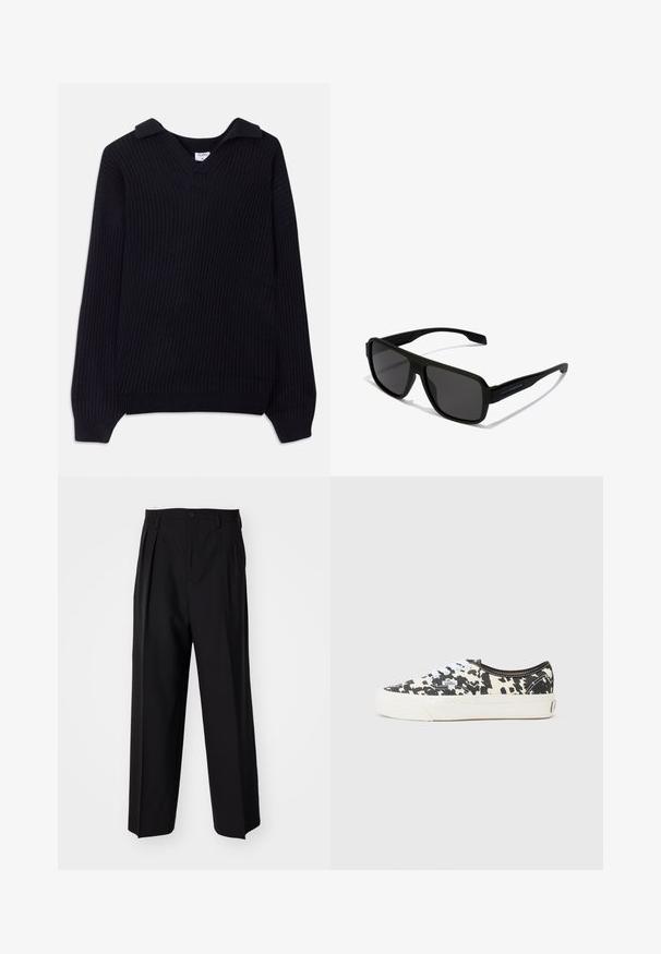 Kaotiko JACKET ELLIOTT UNISEX - Lichte jas - brown/black; Zwarte geribde trui met een V-hals en een opgerolde kraag. Heeft lange mouwen en een textuurgebreid patroon. Zacht materiaal.; Zwarte geplooide broeken met een rechte, brede pijpontwerp. Gemaakt van soepele stof, met een knoopsluiting en riemlussen.; Zwart-witte canvas sneaker met een koeienvlekkenontwerp, witte veters en een witte rubberen zool. Bevat een logotag aan de zijkant.; Hawkers PARLAY - Zonnebril - black