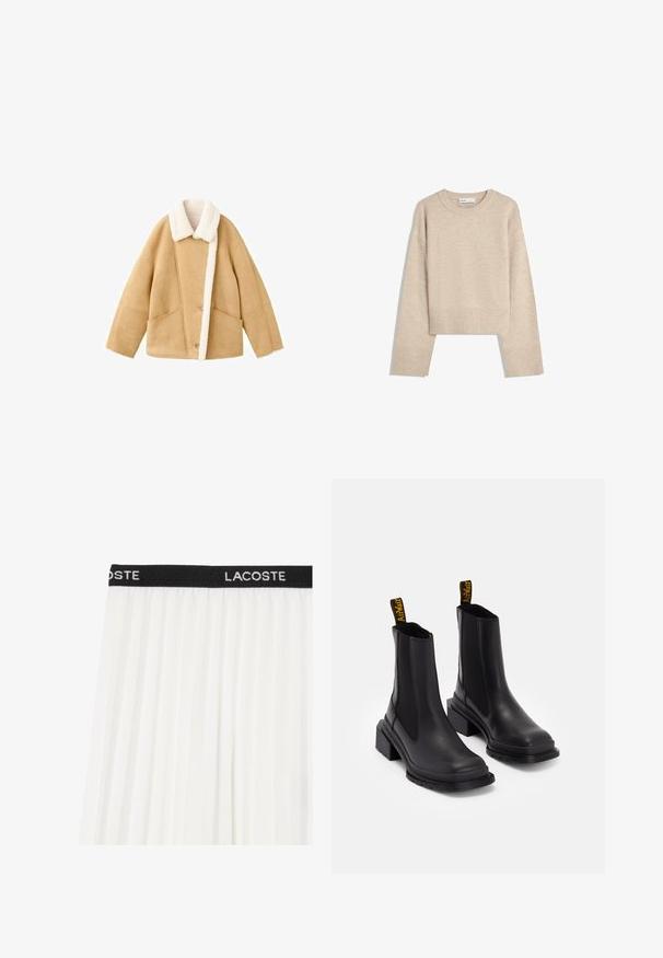 Tanjasta jakna od ovčjeg krzna s bijelim krznenim ovratnikom, dva velika prednja džepa i kopčom na dugmad. Mekana tekstura s opuštenim krojem.; Bežani skraćeni pulover napravljen od mekog pletenog materijala. Ima okrugli izrez, duge rukave i rebraste manžete i porub za dodatnu teksturu.; Bijela plisirana suknja s crnim pojasom na kojem se nalazi bijeli izvezeni natpis "LACOSTE". Lagani, lepršavi materijal s glatkom teksturom.; Crne gležnjače od glatke kože s elastičnim bočnim panelima, kvadratnom kapicom i debelim potplatom. Sadrže žute brendirane ručke.