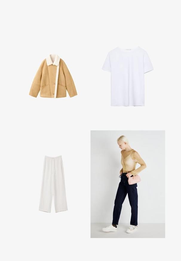 Giacca shearling color tannato con colletto in pile bianco, due grandi tasche frontali e chiusura a bottoni. Morbido al tatto con un design dalla vestibilità rilassata.; T-shirt bianco a maniche corte con collo rotondo e orlo dritto, esposto su uno sfondo bianco.; Pantaloni a gamba larga bianchi realizzati in un tessuto leggero. Presentano una vita elastica con cordoncino e tasche laterali. Texture liscia.; Top lungo a maniche trasparenti color oro abbinato a jeans dritti blu scuro. Porta una piccola borsa trapuntata rosa con tracolla a catena e sneakers bianche.
