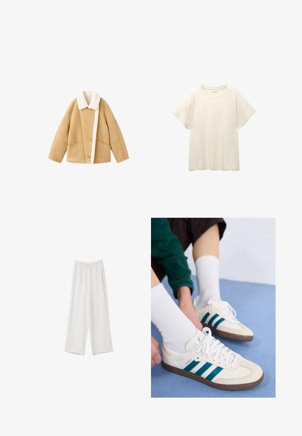 Světlý ovčí kabát s bílým fleecovým límcem, dvěma velkými předními kapsami a zapínáním na knoflíky. Měkká textura s volným střihem.; Svetle béžové tričko s krátkým rukávem a kulatým výstřihem, vyrobené z jemné, hladké tkaniny. Má uvolněný střih a rovný lem.; Bílé široké kalhoty vyrobené z lehké tkaniny. Mají elastický pas se šňůrkou a boční kapsy. Hladká textura.; Bílé sportovní boty s tyrkysovými pruhy, texturovaným svrškem a hnědými gumovými podrážkami. V kombinaci s bílými žebrovanými ponožkami.