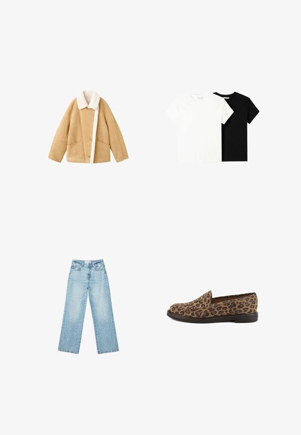 Svetlá ovčia bunda s bielym flísovým golierom, dvoma veľkými prednými vreckami a gombíkovým zapínaním. Mäkká textura s voľným strihom.; Dve tričko s krátkym rukávom, jedno biele a jedno čierne, vyrobené z bavlny. Obe majú okrúhly výstrih a jednoduchý, klasický dizajn.; Svetlomodré džíny s širokými nohavicami a vysokým pásom, so zosvetlenou úpravou a malými, rozptýlenými poškodenými detailmi po celom obvode.; Topánky na slip-on s leopardím vzorom, plochou podrážkou, hladkým textúrovaným povrchom a zaobleným dizajnom špice.