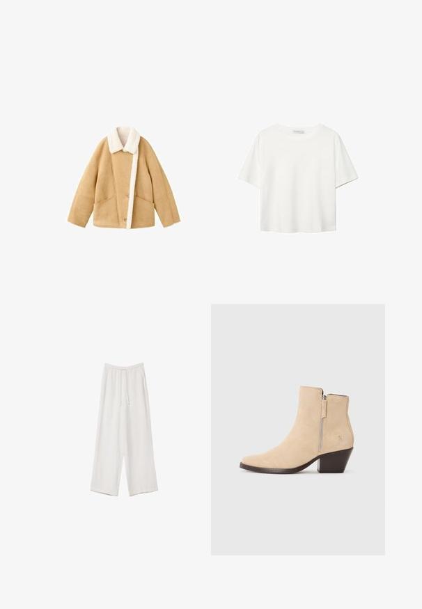 Sandfarvet shearlingjakke med en hvid fleecekrave, to store frontlommer og lukning med knap. Blød tekstur med et afslappet fit-design.; Hvid kortærmet t-shirt lavet af bomuld. Har en rund halsudskæring og en afslappet pasform. Glat tekstur uden synlige mønstre eller detaljer.; Hvide bukser med bred benlængde lavet af et letvægtsstof. Har et elastisk talje med snor og sidelommer. Glat tekstur.; Beige suede ankelstøvle med lynlås i siden og sort stablet hæl, vist i profil på en hvid baggrund.
