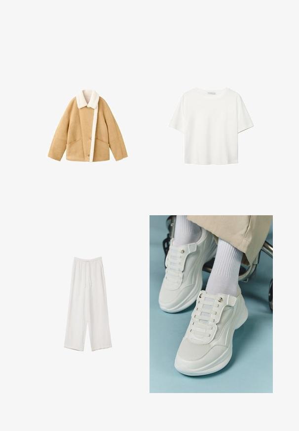 Veste en shearling beige avec un col en fourrure blanche, deux grandes poches avant et une fermeture à boutons. Texture douce avec une coupe décontractée.; T-shirt blanc à manches courtes en coton. Doté d'un col ras du cou et d'une coupe décontractée. Texture lisse sans motifs ni accents visibles.; Pantalons larges blancs en tissu léger. Dotés d'une taille élastique avec cordon de serrage et de poches latérales. Texture lisse.; Baskets blanches avec un matériau en maille, semelle en caoutchouc, design sans lacets avec des bandes élastiques et accents dorés.