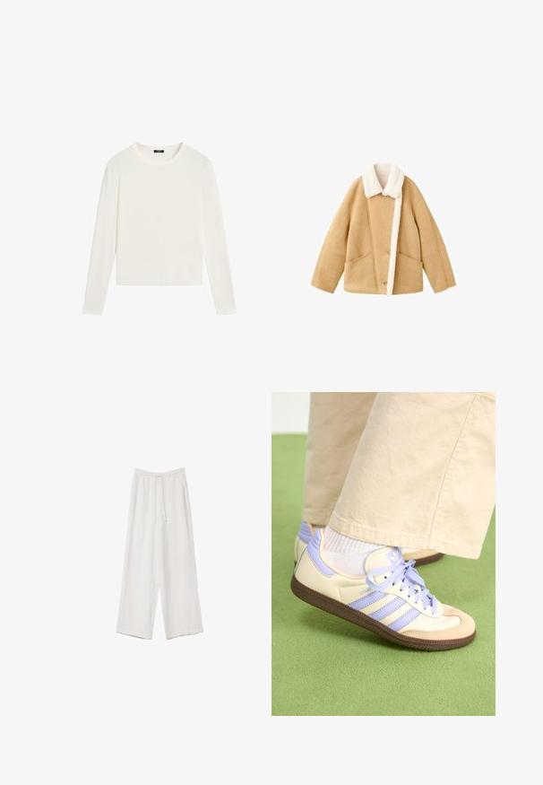Světlý ovčí kabát s bílým fleecovým límcem, dvěma velkými předními kapsami a zapínáním na knoflíky. Měkká textura s volným střihem.; Dlouhý rukáv top v krémové barvě vyrobený z lehkého materiálu. Má kulatý výstřih a jednoduchý, přiléhavý střih bez dalších vzorů nebo akcentů.; Bílé široké kalhoty vyrobené z lehké tkaniny. Mají elastický pas se šňůrkou a boční kapsy. Hladká textura.; Krémové a levandulové tenisky se třemi pruhy a texturovanou hnědou podrážkou, vybavené tkaničkami a polstrovanou patou. Měkký textilní svršek.