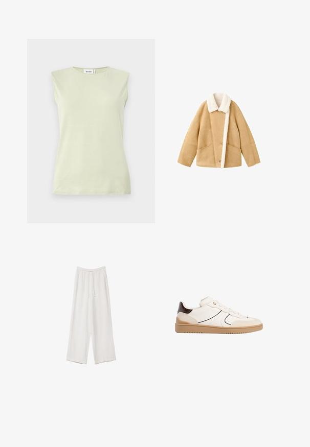 Veste en shearling beige avec un col en fourrure blanche, deux grandes poches avant et une fermeture à boutons. Texture douce avec une coupe décontractée.; Débardeur vert clair sans manches avec un col rond. Confectionné dans un tissu doux, il présente une texture lisse et un design minimaliste.; Pantalons larges blancs en tissu léger. Dotés d'une taille élastique avec cordon de serrage et de poches latérales. Texture lisse.; Stradivarius Baskets basses - white