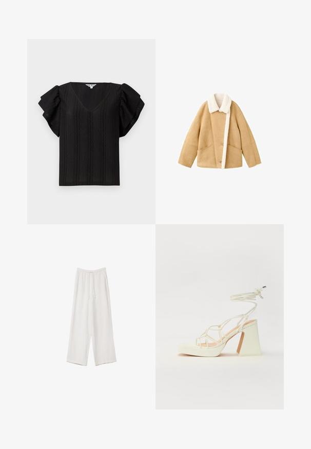 Vaaleanbeige shearling-takki, jossa on valkoinen fleece-kaulus, kaksi suurta etutaskua ja nappisuljenta. Pehmeä rakenne rentoa istuvuutta varten.; Musta toppi V-pääntiöllä, lyhyillä röyhelösillä ja tekstuurilla varustetulla pystysuoralla raidalla. Kevyestä kankaasta valmistettu. Yksinkertainen, löysä malli.; Valkoiset leveälahkeiset housut kevyestä kankaasta. Ominaisuuksiin kuuluu elastinen vyötärö, jossa on nauhakuuluma ja sivutaskut. Sileä rakenne.; Valkoinen korkokenkä, jossa on paksu korko, ja joka sisältää nauhakiinnityksen ja nilkkaketjun. Sujuva pinta, jossa on platform-etupohja lisäkorkeutta varten.