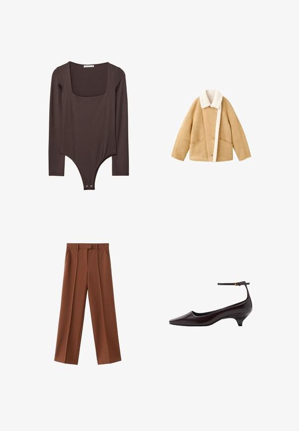 Tan schapenvachtjack met een witte fleece kraag, twee grote voorzakken en een knoopsluiting. Zachte textuur met een ontspannen pasvorm ontwerp.; Bruine lange mouwen bodysuit met vierkante halslijn en drukknoopsluiting bij het kruis, gemaakt van een gladde, rekbare stof.; Bruine wijde broek met geplooide voorkant, gemaakt van een gestructureerde stof, met zijzakken en een tailleband met ceintuurlussen.; Donkerbruine leren kittenheel schoenen met een spitse neus, een dunne enkelband en een kleine gouden gesp.