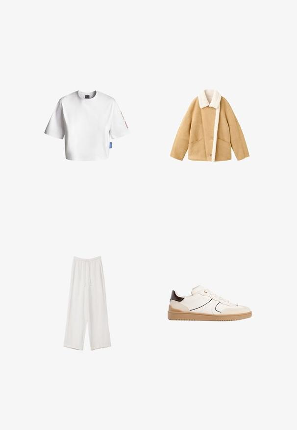 Vaaleanbeige shearling-takki, jossa on valkoinen fleece-kaulus, kaksi suurta etutaskua ja nappisuljenta. Pehmeä rakenne rentoa istuvuutta varten.; Valkoinen lyhythihainen puuvillatrikoo, jossa on pyöreä kaula-aukko ja sininen logo sivussa. Hihassa on punaista tekstiä.; Valkoiset leveälahkeiset housut kevyestä kankaasta. Ominaisuuksiin kuuluu elastinen vyötärö, jossa on nauhakuuluma ja sivutaskut. Sileä rakenne.; Stradivarius Matalavartiset tennarit - white