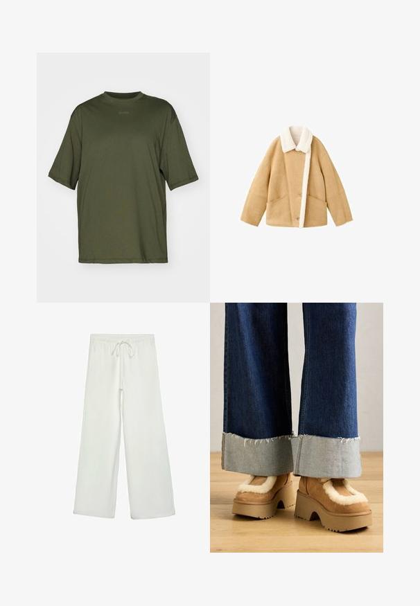 Světlý ovčí kabát s bílým fleecovým límcem, dvěma velkými předními kapsami a zapínáním na knoflíky. Měkká textura s volným střihem.; Olivově zelené oversized tričko, krátké rukávy, kulatý výstřih, vyrobeno z měkké tkaniny. Nabízí jemné logo uprostřed.; Bílé kalhoty s širokými nohavicemi vyrobené z měkké tkaniny. Mají elastický pas se stahovací šňůrkou a hladkou strukturu. Žádné viditelné vzory ani kovové prvky.; Hnědé semišové platformové boty s krémovým kožešinovým podšívkou, spárované s volnými džínovými kalhotami se třepenými lemy a světlým džínovým manžetou.