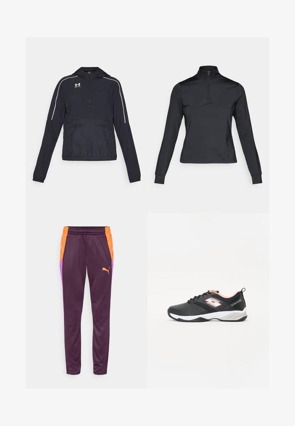 Črna pulover jakna s kapuco, polzadrgo spredaj, elastičnimi manšetami in pasom. Ima bele akcentne črte in sprednji žep na zadrgo.; Črni pulover z dolgimi rokavi in visokim zadrgo, izdelan iz gladkega blaga. Ima oprijete rokave in kratek kroj.; Vijolične športne hlače z oranžnimi in vijoličnimi stranskimi paneli. Narejene iz gladkega materiala, z elastičnim pasom in majhnim logotipom.; Črne športne čevlje z mrežastim zgornjim delom, belimi in svetlo roza poudarki, veznim oblikovanjem in teksturiranim podplatom za oprijem. Lahki in fleksibilni.
