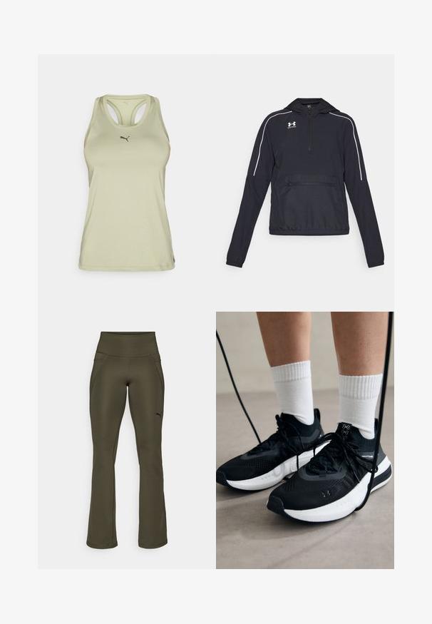 Sort pulloverjakke med hætte, halv lynlås fortil, elastiske manchetter og talje. Har hvide accentlinjer og en frontlomme med lynlås.; Lys grøn atletisk tanktop med racerback-design, der har et diskret logo på brystet og glat, strækbart stof.; Oliven grønne træningsbukser med høj talje, glat tekstur, flagrende ben og et subtilt logo på venstre side. Med to sidelommer.; Sorte sportssko med tekstureret stof, hvid sål og sorte snørebånd. Båret med hvide ribbede sokker, stående på en lys overflade.