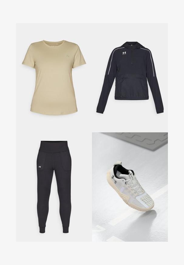 Svart pulloverjacka med huva, halv dragkedja framtill, elastiska manschetter och midja. Har vita accentlinjer och en framfick med dragkedja.; Beige t-shirt med kort ärm i en mjuk, stretchig tyg. Har en rund halsringning och en diskret logotyp på övre vänstra bröstet.; Svarta träningsleggings i elastiskt material, med hög midja, sidofickor och åtsittande manschetter vid ankeln.; Vita idrottsskor med ett strukturerat mesh-övre, svart inredning och en beige gummisula med ett mönstrat grepp. Accenterat med subtila detaljer.