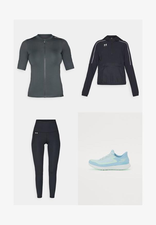 Casaco preto de pullover com capuz, frente com meia zip, punhos e faixa elástica na cintura. Apresenta linhas de destaque brancas e um bolso frontal com fecho zip.; Camisola de ciclismo de manga curta em cinza escuro. Apresenta um fecho frontal e um tecido texturizado, com um colarinho arredondado e um detalhe de logótipo no ombro.; Leggings atléticos pretos de cintura alta com um bolso lateral e um pequeno logótipo branco da Under Armour no quadril esquerdo.; Sapatilha atlética azul claro com parte superior em malha, biqueira arredondada, sola almofadada e detalhes refletivos. Apresenta atacadores e um calcanhar que oferece suporte.