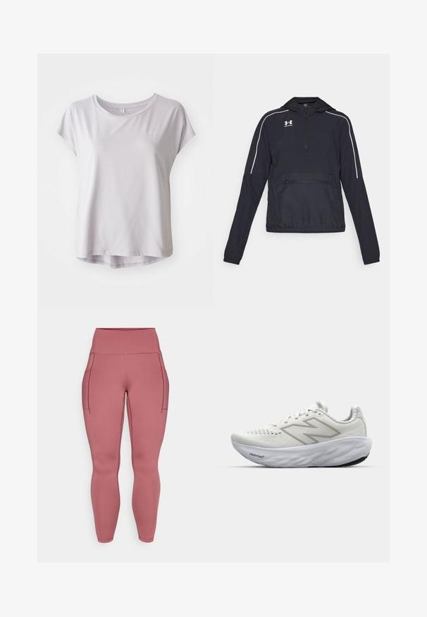 Schwarze Pulloverjacke mit Kapuze, Halb-Reißverschluss vorne, elastische Bündchen und Taillenbund. Mit weißen Akzenten und einer vorderen Reißverschlusstasche.; Hellgraues, kurzärmliges Sportshirt aus glattem, atmungsaktivem Material; runder Ausschnitt mit sanft abgerundetem Saum für eine lockere Passform.; Rosenfarbene Leggings aus dehnbarem Material, mit zwei seitlichen Taschen, einem hohen Bund und glatten, nahtlosen Details über die gesamte Länge.; Weiße Sportschuhe mit einem Mesh-Obermaterial, einem gepolsterten Kragen, einer strukturierten Sohle und der "Fresh Foam"-Markierung in der Zwischensohle.
