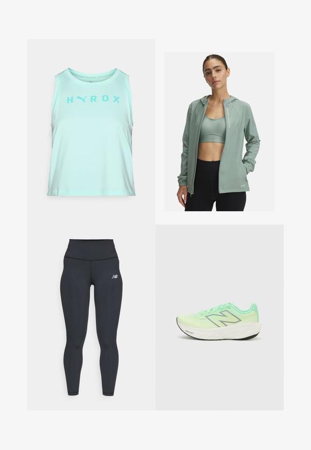 Light green, zip-up jacket with a hood, made of smooth, stretchy material. Features side pockets and reflective logo on the left side.; Light turquoise tank top made of soft fabric, features a rounded neckline and wide armholes, with the word "HYROX" printed in darker turquoise.; Black athletic leggings with a high waistband, featuring a smooth texture and a small white New Balance logo on the thigh.; Light green running shoe with breathable mesh upper, lace closure, and a cushioned white midsole. Features a black rubber outsole.