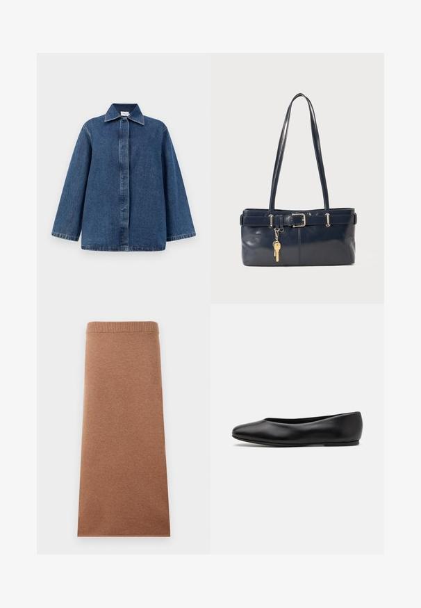 Veste en denim bleu foncé avec un col, fermeture à boutons sur le devant et coupe ample avec des manches longues. Texture lisse et détails de couture minimalistes.; T-shirt à manches courtes rayé, fabriqué en mélange de coton léger, présentant des rayures beige clair et blanc cassé, un col rond et une texture douce.; Jupe midi tricotée marron avec une taille élastique ajustée. Texture lisse, coupe droite, sans motifs ni accents visibles.; Paul Smith TOPANGA - Ballerines - black; Sac à main en cuir bleu marine avec deux longues poignées, un détail de boucle et un porte-clés accroché. Il présente une texture lisse et une forme rectangulaire.