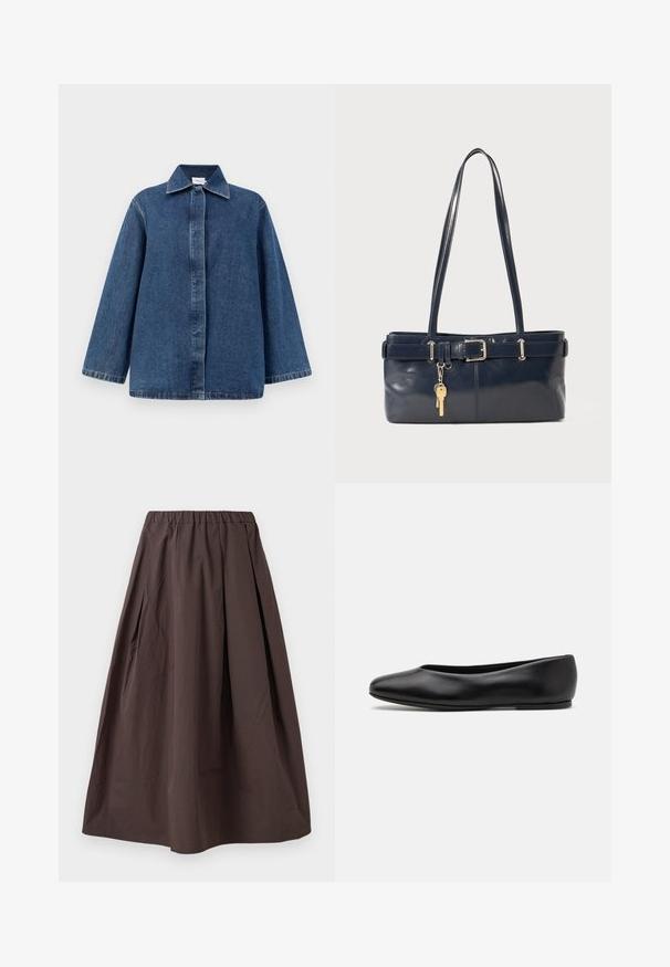 Temno modra denim jakna s ovratnikom, sprednjo gumbasto zapiranje in ohlapnim krojem z dolgimi rokavi. Gladka tekstura in minimalne šivane podrobnosti.; Črtasta majica s kratkimi rokavi, izdelana iz lahkega bombažnega testa, z svetlo bež in off-white črtami, okroglo izrezom in mehkega teksturo.; Rjava krila midi dolžine z elastičnim pasom in subtilnimi gubami na beli podlagi.; Paul Smith TOPANGA - Balerinke - black; Mornarska usnjena torbica z dvema dolgima ročajema, dodatkom z zaponko in pritrjeno ključavnico. Ima gladko teksturo in pravokotno obliko.