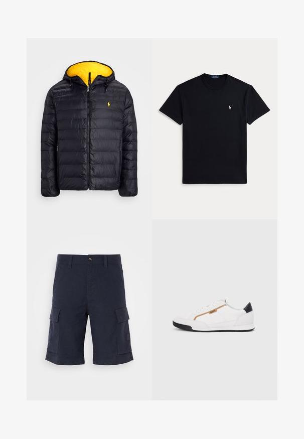 Polo Ralph Lauren THE COLDEN REVERSIBLE JACKET - Ziemas jaka - black/slicker yellow; Melnā kokvilnas T-krekls ar apaļu kakla izgriezumu, īsām piedurknēm un nelielu izšūtu logotipu kreisajā krūtīs. Gluda tekstūra.; Tumši zili kravas šorti, izgatavoti no kokvilnas maisījuma auduma. Iezīmē divas sānu kabatas un priekšējo pogas aizdari. Plakanas apakšmalas dizains.; Baltijas krāsā baltas sporta kurpes ar acu un ādas akcentiem. Iezīmējas ar zelta "BOSS" logo, teksturētām sānu paneļiem un melnu papēža kapu. Gumijas zole.