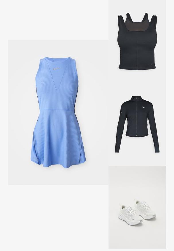 Černá sportovní bunda s dlouhým rukávem, s předním zapínáním na zip a bílým logem Nike swoosh na levé části hrudníku, navržena pro slim fit.; Světle modré šaty bez rukávů s ribovou texturou, s véčkovým výstřihem, černými bočními akcenty a malým zlatým logem poblíž výstřihu.; Černá sportovní podprsenka s přiléhavým střihem, širokými ramínky a síťovaným překrytím na přední straně. Hladký povrch a minimální švy. Logo Nike na lemu.; Bílé sportovní boty s texturovaným síťovým svrškem, polstrovanou podešví a jemnými šedými akcenty. Obsahují branding a smyčku na patě pro snadné obouvání.