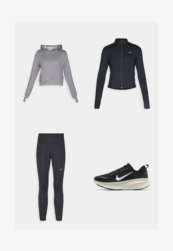 Schwarze, langärmelige Sportjacke mit Frontreißverschluss und weißem Nike-Swoosh-Logo auf der linken Brust, entworfen für eine schlanke Passform.; Grauer, kurz geschnittener Hoodie mit Kapuze und Kordelzug, langen Ärmeln, gerippten Bündchen und einem weichen Innenfutter. Verfügt über ein dezentes Logo auf der Brust.; Schwarze Leggings aus elastischem Stoff, mit einem hohen Bund und einem weißen Nike-Logo auf dem linken Oberschenkel. Glatte Textur, figurbetontes Design.; Schwarzer Nike-Laufschuh mit atmungsaktivem Mesh-Obermaterial, weißem Swoosh-Logo, strukturierten Details und einer cremefarbenen ZoomX-Zwischensohle.