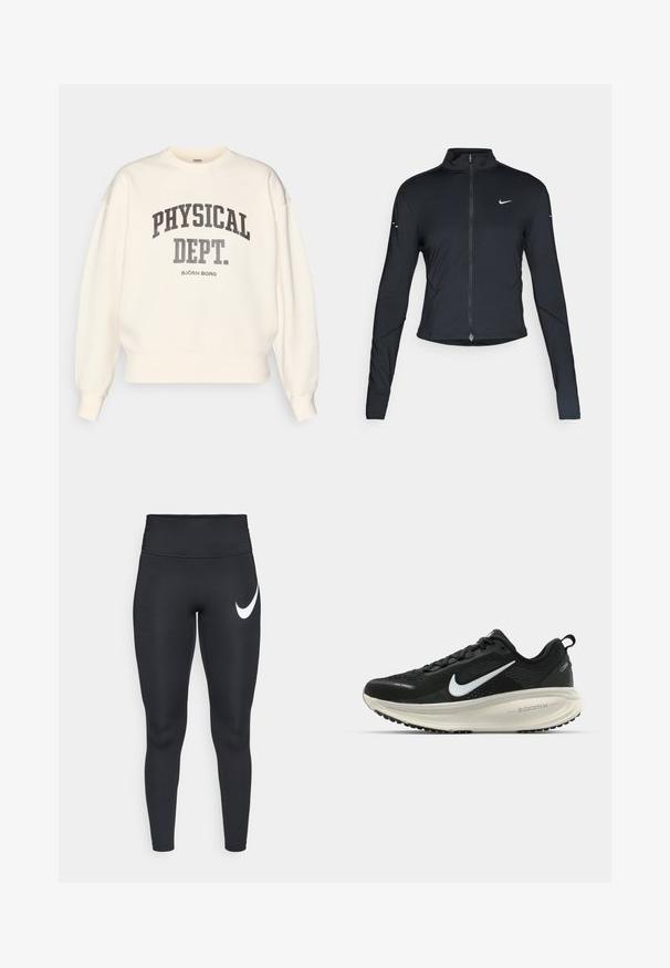 Melnā garo piedurkņu sporta jaka ar priekšējo rāvējslēdzēju un baltu Nike swoosh logo uz kreisā krūts, paredzēta ciešai piegriezei.; Krēmkrāsas mikinje ar apaļu kaklu, noslīdošām plecu šuvēm un ribotus svītrām. Izmanto tumši pelēku burtu fontu, kas rakstīts ar treknrakstu "PHYSICAL DEPT."; Melni augstā jostasvietā sporta legingi ar baltu Nike swoosh logo augšējā kreisajā thigh pret baltu fonu.; Melnas Nike skriešanas kurpes ar elpojošu acs augšdaļu, baltu Swoosh logotipu, strukturētu apdari un krēmkrāsas ZoomX starpsole.
