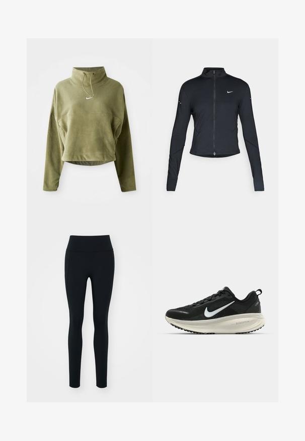 Sort langærmet træningsjakke med frontlynlås og hvid Nike swoosh-logo på venstre bryst, designet til en tætsiddende pasform.; Olivengrøn cropped fleece-pullover med høj hals, snøre og logo foran. Har langeærmer og en tekstureret finish.; Sorte leggings lavet af strækbart materiale med en høj talje. Glat tekstur, tætsiddende design og ingen synlige dekorationer eller mønstre.; Sort Nike løbesko med åndbart mesh-overdel, hvidt swoosh-logo, tekstureret detaljering og en cremede ZoomX mellemsål.