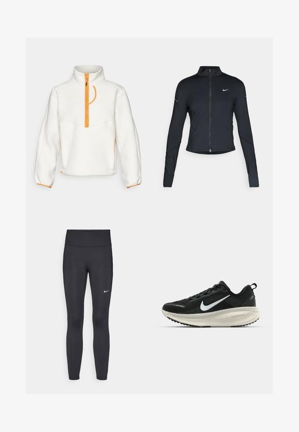 Giacca sportiva nera a maniche lunghe con zip frontale e logo Nike swoosh bianco sul lato sinistro del petto, progettata per una vestibilità slim.; HOKA RIDGETOP - Felpa in pile - eggnog; Leggings neri realizzati in tessuto elasticizzato, con una vita alta e un logo Nike bianco sulla coscia sinistra. Tessuto liscio, design aderente.; Scarpa da corsa nera Nike con tomaia in rete traspirante, logo Swoosh bianco, dettagli testurizzati e intersuola ZoomX di colore crema.