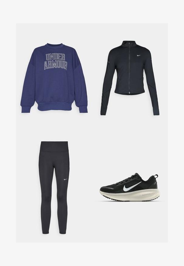 Black long-sleeve athletic jacket with front zipper and white Nike swoosh logo on left chest, designed for a slim fit.; Navy blue sweatshirt with a rounded neckline, drop shoulders, ribbed cuffs, and a front graphic reading "UNDER ARMOUR" in white letters.; Black leggings made of stretchy fabric, featuring a high waistband and a white Nike logo on the left thigh. Smooth texture, form-fitting design.; Black Nike running shoe with breathable mesh upper, white swoosh logo, textured detailing, and a cream-colored ZoomX midsole.